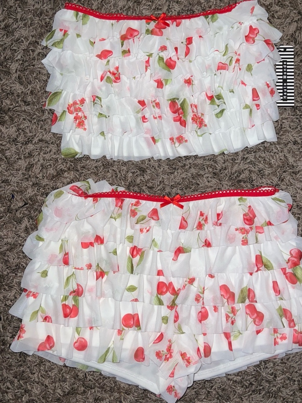 White Ruffled Cherry Print Bikini Set with Red Trim